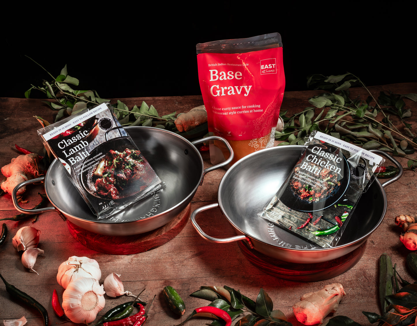 GIFT SET: 'BALTI NIGHT FOR TWO' Bowls and Stands, Base Sauce and Spice Duo